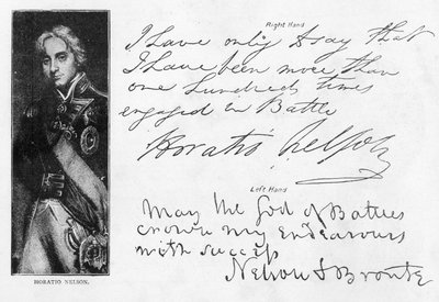Scrittura e firme di Lord Nelson prima e dopo la perdita del braccio destro, inclusa la sua ultima lettera prima della battaglia di Trafalgar, scritta dalla HMS 