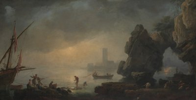 Scena di porto con grotta e pescatori che tirano le reti da Unbekannt