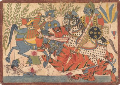 Harishchandra e il suo ministro che uccidono una tigre, da una serie di Harishchandra da Unbekannt