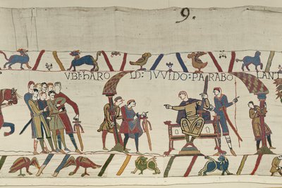 Harold e il Conte Guy di Ponthieu parlano insieme a Beaurain, Arazzo di Bayeux da Unbekannt