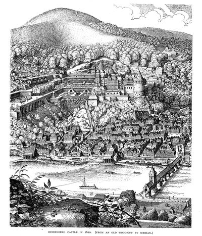 Castello di Heidelberg e città vista attraverso il fiume Neckar, Germania, 1620 da Unbekannt