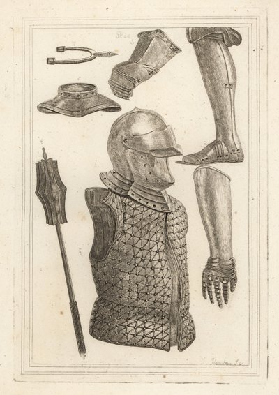 Elmo e brigantina, schiniere di ferro, guanto appartenente a Giovanni di Gaunt, guanto di ferro, gorgera, mazza di ferro, sperone antico di ferro da Unbekannt