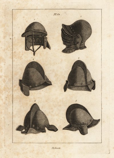 Elmo con visiera apribile verso il basso nella Torre di Londra 1, elmo a doppia barra 2, e salet con oreillets o copriorecchie 3-6 da Unbekannt