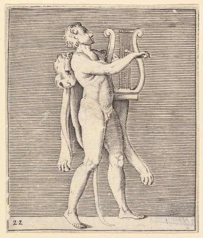 Ercole che suona una lira, con una pelle di leone drappeggiata sulla spalla, pubblicato ca. 1599-1622 da Unbekannt