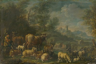 Pastore con il suo gregge in paesaggio romantico da Unbekannt