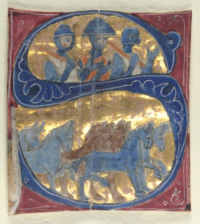 Iniziale istoriata S ritagliata da una Bibbia: Soldati e cavalli, 1200s da Unbekannt