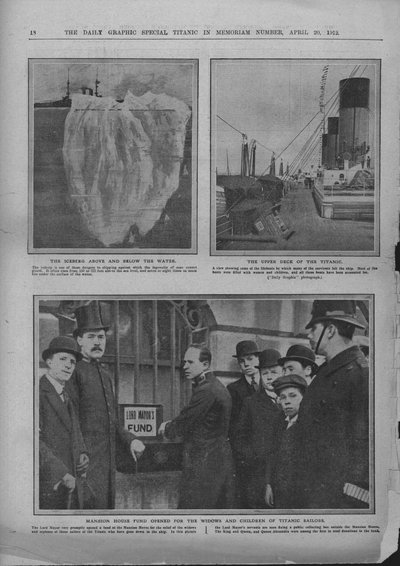 Iceberg, ponte superiore del Titanic, e fondo Mansion House, 20 aprile 1912 da Unbekannt