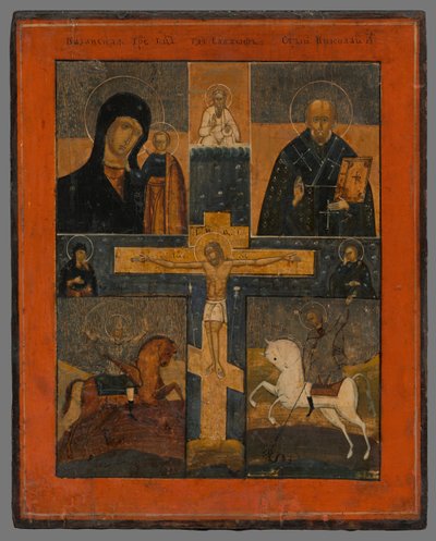 Icona - Crocifissione con la Madonna di Kazan, San Nicola, San Giorgio e Dimitrij da Unbekannt