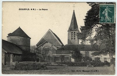 Ile de France, Seine et Marne (77), Ozouer le Repos: vista esterna della chiesa di Saint Aubin - Cartolina datata 1908 da Unbekannt