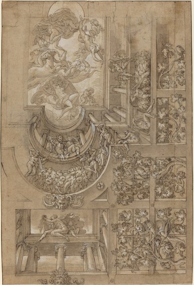 Soffitto illusionistico con pergolato di uva, figure su gallerie e un centro..., c. 1570-1580 da Unbekannt