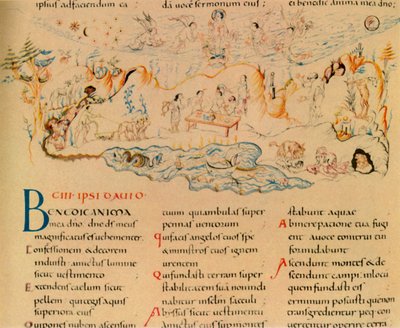 Illustrazione e parte del testo del Salmo 103, c1000-1050, 1947 da Unbekannt