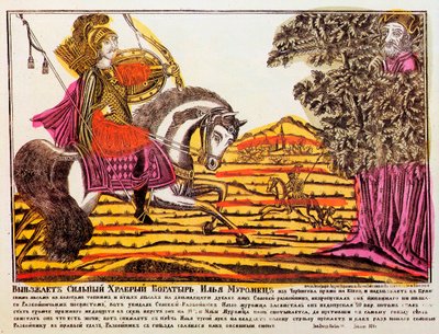 Ilya Muromets e Usignolo il Ladro, stampa Lubok da Unbekannt