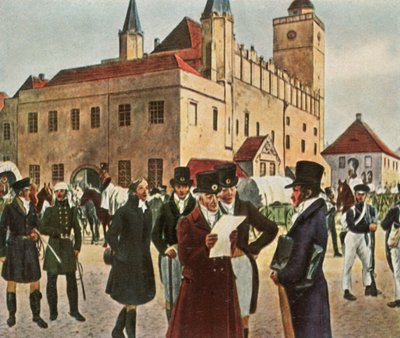 Davanti al municipio di Reichenbach in Slesia durante il cessate il fuoco, 1813, 1936 da Unbekannt