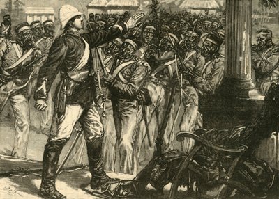 Incidente nella rivolta indiana: il tenente De Kantzow calma i sepoy a Mynpooree, 1890 da Unbekannt