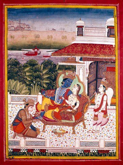 Miniatura indiana che mostra Krishna e una principessa su un divano da Unbekannt