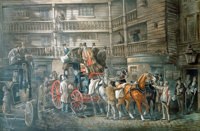 Cortile della locanda con diligenza in partenza, c1840 da Unbekannt