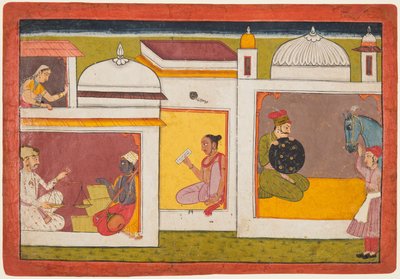 Dentro un edificio, Madhava siede di fronte a un uomo che tiene una bilancia, da un Madhavanala..., c. 1700 da Unbekannt