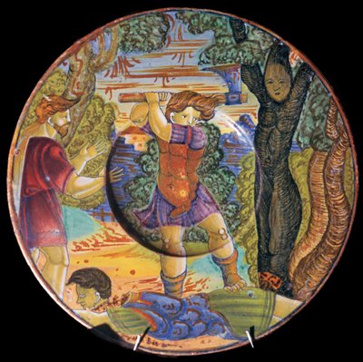 Piatto in terracotta italiana, Erysichthon che abbatte un albero nel boschetto di Cerere, XVI secolo da Unbekannt