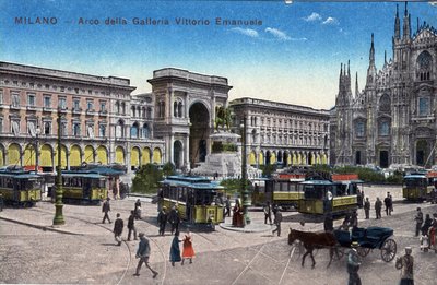 Italia, Milano: tram in Piazza del Duomo e Arco di Trionfo tra la Galleria Vittorio Emanuele - Cartolina fine XIX-XX secolo da Unbekannt