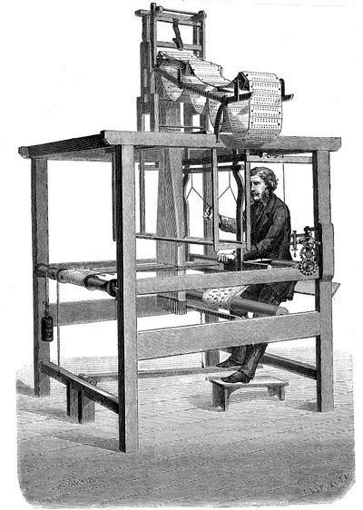 Telaio Jacquard, con festoni di schede perforate da cui è stato tessuto il motivo, 1876 da Unbekannt