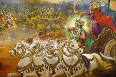 Tempio hindu Jalaram Prathna, Leicester. Affresco. Krishna il cocchiere che guida Arjuna nella battaglia di Kurukshetra. Regno Unito da Unbekannt
