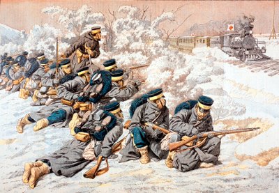 Giapponesi che sparano su un treno della Croce Rossa russa, Guerra russo-giapponese, 1904 da Unbekannt