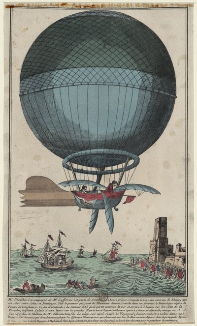 Jean Pierre Blanchard e John Jefferies arrivano a Calais dopo aver attraversato il Canale della Manica in mongolfiera, 1785 da Unbekannt