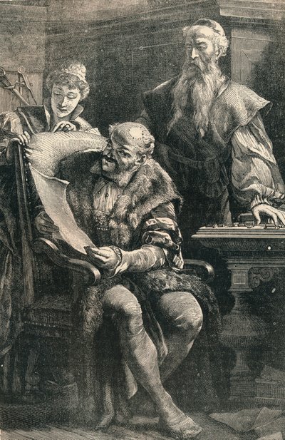 Johann Gutenberg mostra parte del primo libro stampato a Faust, XIV secolo, c1910 da Unbekannt
