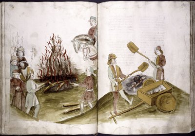 Jan Hus bruciato sul rogo il 6 luglio 1415 e le sue ceneri gettate nel Reno da: Cronaca del Concilio di Ulrich Richental, 1414-1418 da Unbekannt