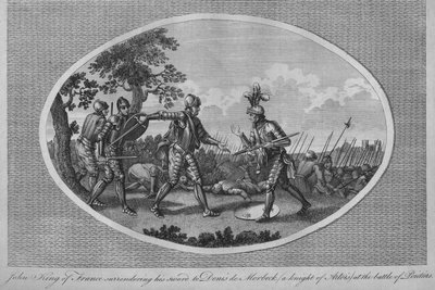 Giovanni II di Francia che consegna la sua spada a Denis de Morbeck alla battaglia di Poitiers, 1356, 1793 da Unbekannt