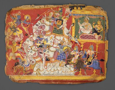 Krishna combatte gli eserciti del demone Naraka: Pagina da un manoscritto del Bhagavata Purana, ca. 1540 da Unbekannt