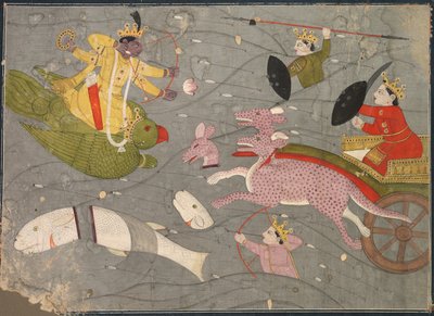 Krishna che combatte i figli di Vanasura: Scena dalla sezione Aniruddha Usha di Krishna Lila, c. 1840 da Unbekannt