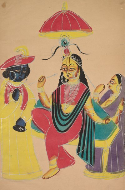 Krishna in piedi accanto a Radha seduta su una sedia, 1800s da Unbekannt