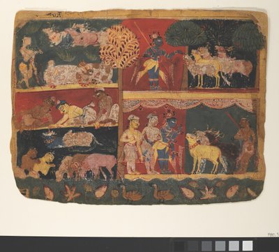 Krishna e i Mandriani: Pagina da un Bhagavata Purana Disperso..., ca. 1520-30 da Unbekannt