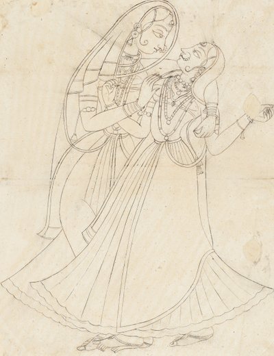 Krishna vestito da donna abbraccia Radha, XIX secolo da Unbekannt