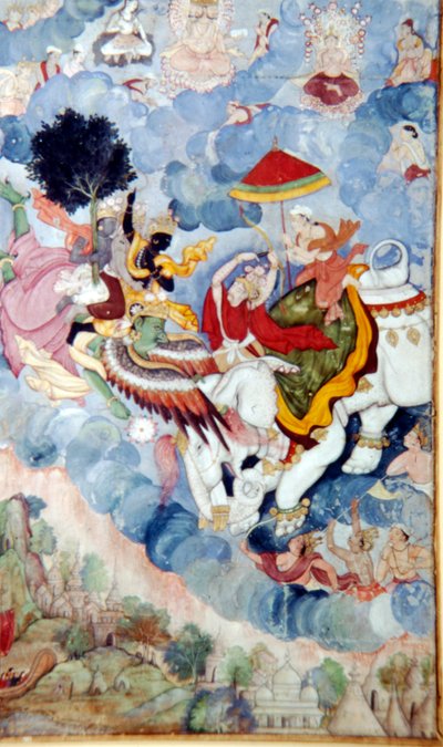 Krishna, cavalcando il Dio-Uccello Garuda, combatte il Dio Indra su un elefante, c1590 da Unbekannt
