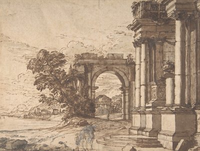 Paesaggio con architettura classica vicino a un lago, XVII secolo da Unbekannt