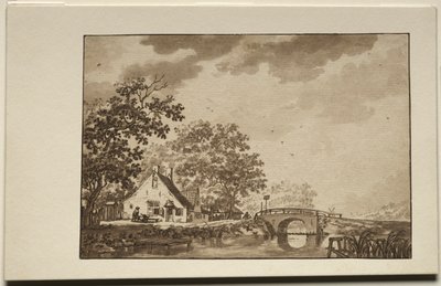 Paesaggio con cottage e ponte, 1700 da Unbekannt