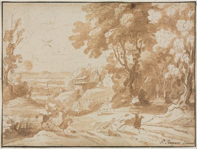 Paesaggio con cavalieri, 1600s da Unbekannt