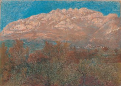 Paesaggio con il monte Resegone rosa e viola dietro il fogliame degli alberi sotto un cielo azzurro da Unbekannt