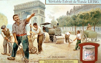 Posa di una superficie stradale in macadam e compattazione con un rullo a vapore, Parigi da Unbekannt
