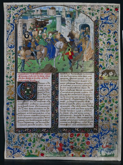 Foglio dalla Chronique Universelle di Jehan de Courcy: Re Priamo incontra Elena e Paride, c. 1470 da Unbekannt