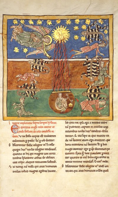 Foglio da un manoscritto di Beatus: al suono della tromba del quinto angelo da Unbekannt