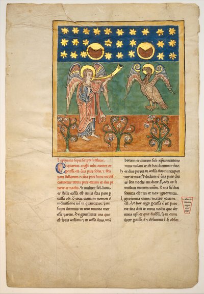 Foglio da un manoscritto di Beatus: il quarto angelo suona la tromba e un