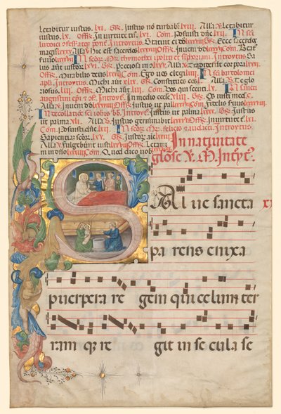 Foglio da un Graduale: Iniziale istoriata S[alve Sancta Parens] con Nascita della Vergine (recto) da Unbekannt