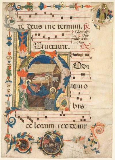 Foglia di un Antifonario con Iniziale Istoriata H con La Natività recto e Musica verso da Unbekannt
