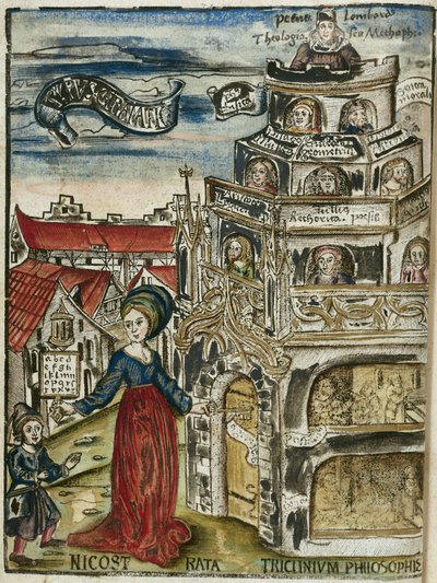 Le arti liberali, la grammatica: Nicostrata (chiamata Carmenta), che tiene un hornbook, manuale per l