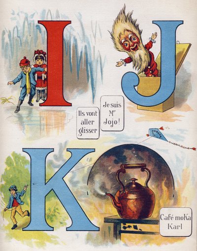 Lettere I, J e K: Stanno per scivolare, Io sono Mr. Jojo e il caffè Moka Karl. Incisione in "ABC L