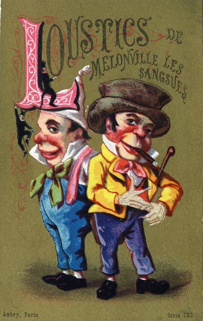 Lettera L: Sanguisughe di Melonville. Incisione in "Alphabet des grotesques". Serie di 25 cromolitografie pubblicitarie su sfondo dorato, fine XIX secolo da Unbekannt