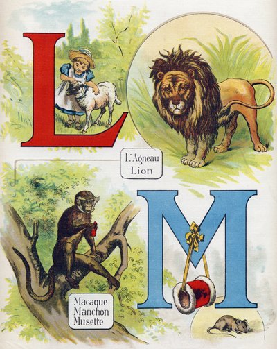 Lettera L e M: agnello e leone, macaco, manica e musette. Incisione in "ABC L